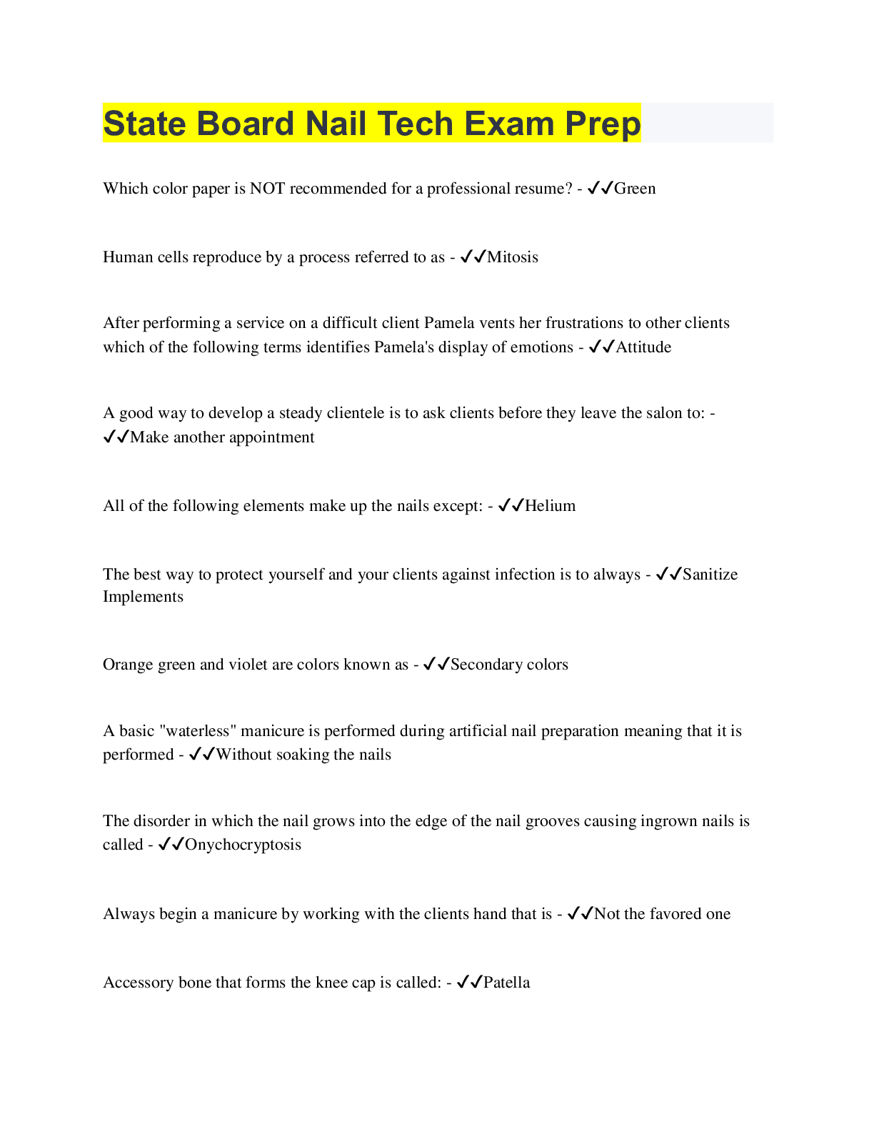 psi Texas state board nail tech exam 2022 (verified answers) Browsegrades